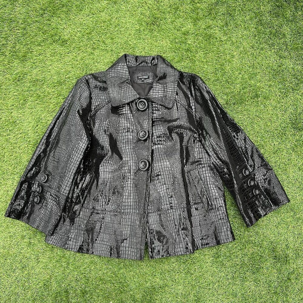 600 West Jacket Womens Size Medium Black Textured Shiny Animal Print Classy Glam